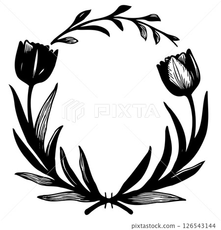 Elegant botanical tulip wreath design with minimalist black and white aesthetics 126543144