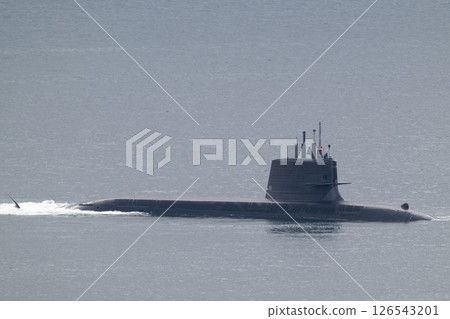 Taigei-class submarine floating in Kure Bay 126543201