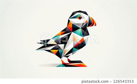 Minimalist illustration of vibrant puffins with geometric patterns, Minimalist illustration of vibrant puffins with geometric patterns, 126543353