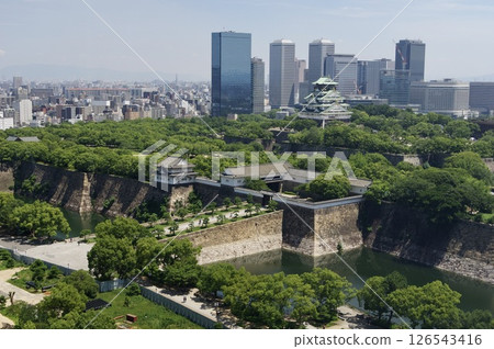 Osaka city in summer: Osaka Castle and business park area Osaka city in summer: Osaka Castle and business park area 126543416