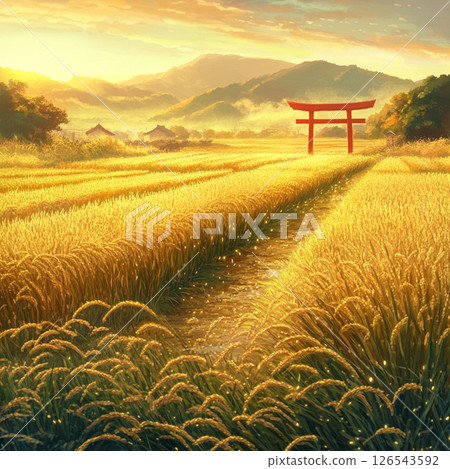 A scene where a torii gate for prayer awaits at the end of a path lined with rice ears 126543592