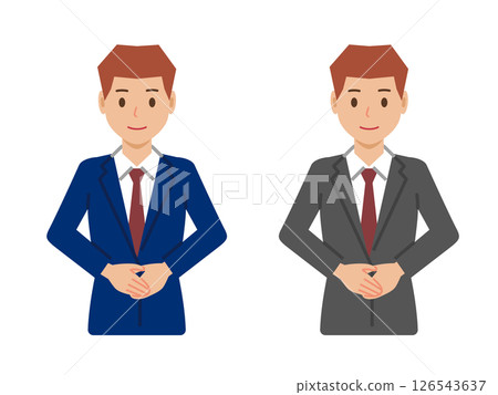 一名留著短髮的年輕人雙手緊握在胸前站著。西裝上身 126543637