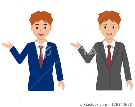 A young man with short hair and a smile saying "Come this way." Upper body in a suit 126543638