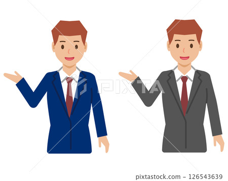 A young man with a short haircut smiles and says, "Come this way." The upper body of the man in a suit 126543639