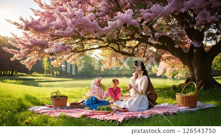 happy family in a picnic basket at the park 126543750
