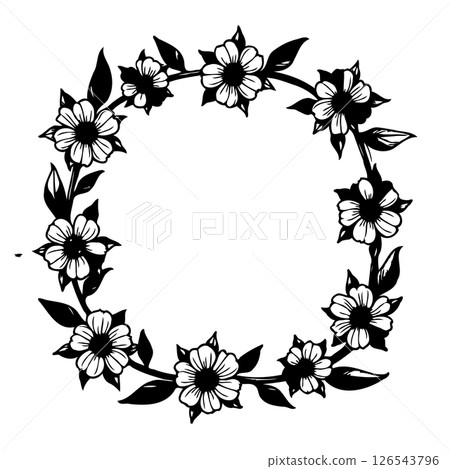 Elegant floral wreath graphic element featuring stylized blossoms and leaves Elegant floral wreath graphic element featuring stylized blossoms and leaves 126543796