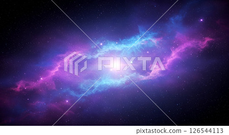 A bright blue-pink nebula shines brightly in space. 126544113