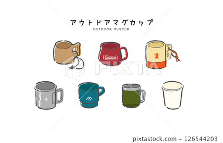 A cute hand-drawn illustration set of various mugs and cups for camping, hiking and outdoor activities 126544203