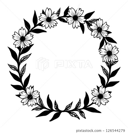 Botanical wreath illustration with delicate flowers and leaves in monochrome style 126544279
