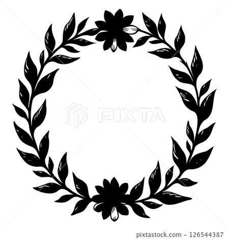 Circular floral silhouette design with intricate leaves and flowers arrangement 126544387