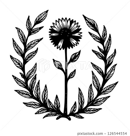 Botanical illustration: Sunflower with laurel branches in vintage style design Botanical illustration: Sunflower with laurel branches in vintage style design 126544554