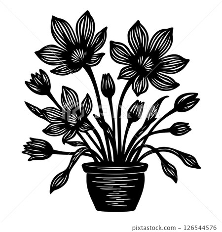 Monochrome floral arrangement in a decorative pot creating a minimalist graphic 126544576