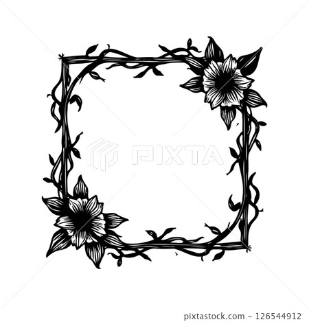 Floral botanical frame design with stylized flowers and leafy branches border 126544912