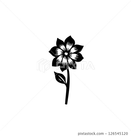 Elegant floral depiction featuring a symmetrical blossom and a single leaf 126545120