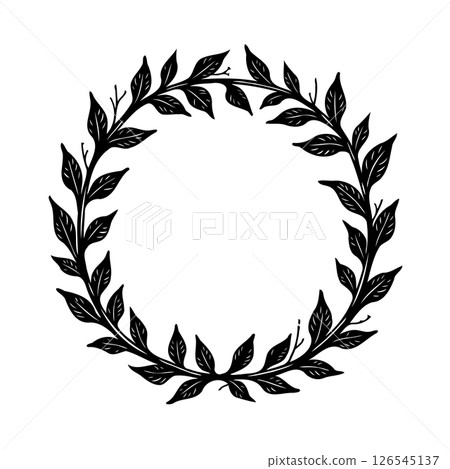 Botanical leaf wreath illustration in bold black strokes for design embellishments 126545137