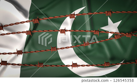 The Pakistan flag and Barbed wire image 3d Rendering. 126545358