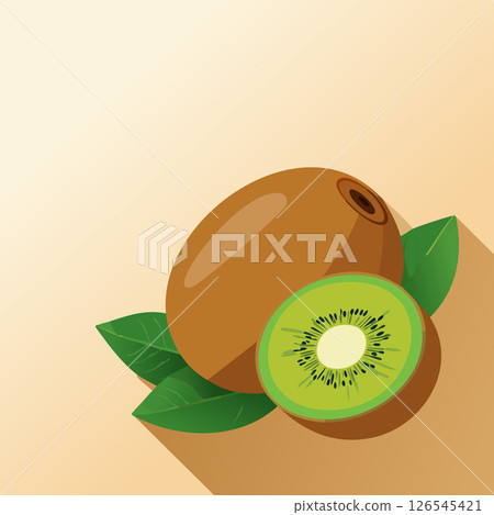 Juicy green kiwi with smooth brown skin and detailed seeds, arranged artistically with leaf accents on a soft background. 126545421