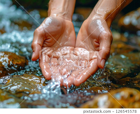 Close-up of hands scooping clean river water Close-up of hands scooping clean river water 126545578