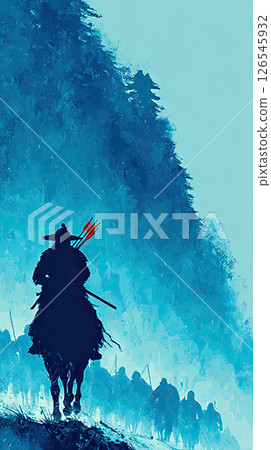 Archer on horseback leads group through misty forest, watercolor style, dramatic, blue tones Archer on horseback leads group through misty forest, watercolor style, dramatic, blue tones 126545932