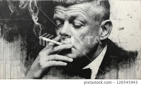 Thoughtful man smoking, black and white, watercolor portrait, cigarette, smoke, suit 126545943