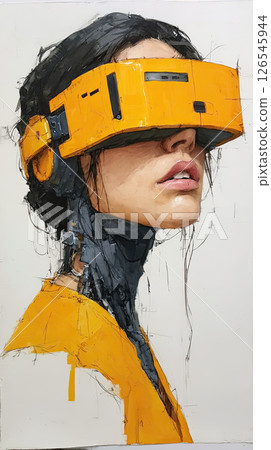 Woman portrait yellow headset futuristic mechanical watercolor digital sci fi technology Woman portrait yellow headset futuristic mechanical watercolor digital sci fi technology 126545944
