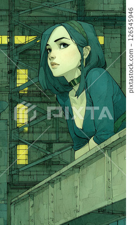 Woman leaning on bridge rail, green industrial background, thoughtful expression, digital art 126545946