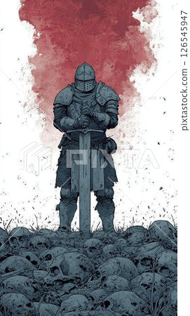 Knight, armor, sword, battlefield, skull knight armor stands solemnly with sword battlefield 126545947