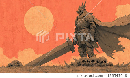 Dragon slayer in armor stands with sword on skulls, dramatic sun and clouds, watercolor style 126545948
