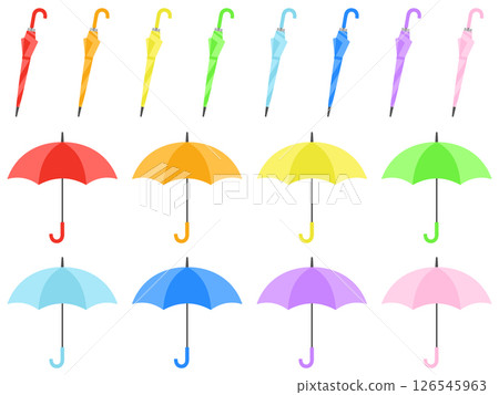 收起和打開的雨傘的簡單插圖 色彩鮮豔的8色套裝 收起和打開的雨傘的簡單插圖 色彩鮮豔的8色套裝 126545963