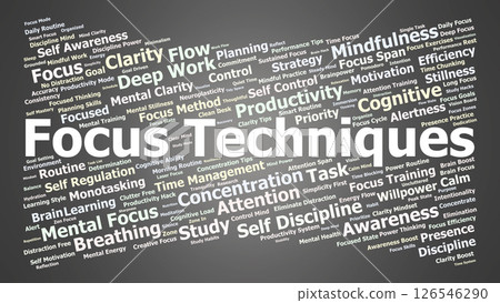 Focus Techniques Word Cloud. Keywords about attention, discipline, and deep concentration Focus Techniques Word Cloud. Keywords about attention, discipline, and deep concentration 126546290