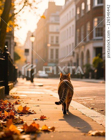 A cat walking along the street at dusk 126546442