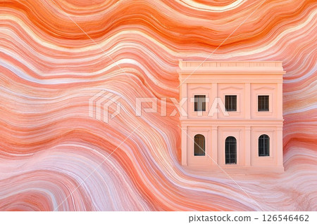 Historic building surrounded by surreal orange and white swirls. 126546462