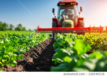 Tractor cultivating green field with fresh crops under bright sunlight. 126546516