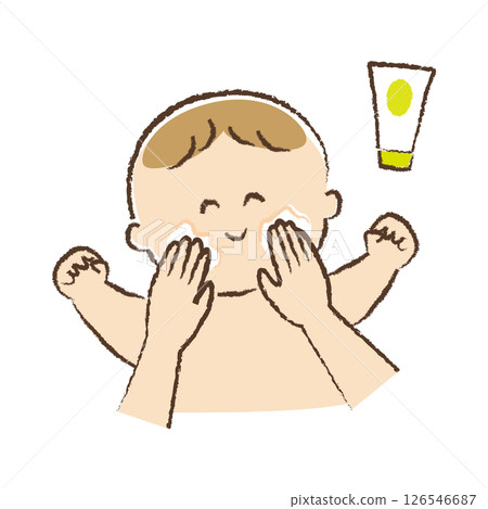 Illustration of a baby applying moisturizing cream to his face 126546687