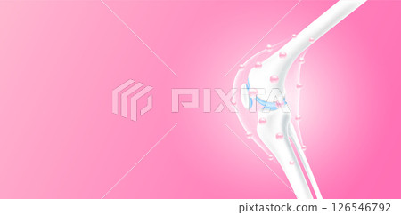 Leg bones and knee joint side healthy on pink background. Collagen serum line hexagon connecting surround care bone cartilage. Human skeleton anatomy with copy space for text. Realistic 3D vector. 126546792