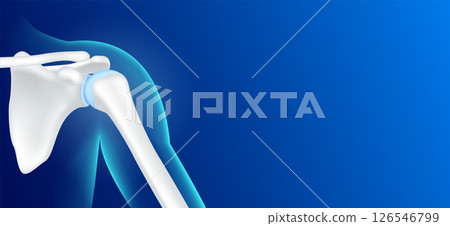 Human shoulder bone front and joint cartilage side on blue background with copy space for text. Human skeleton anatomy healthy. Medical health care science. X ray film concept. Realistic 3D vector. 126546799