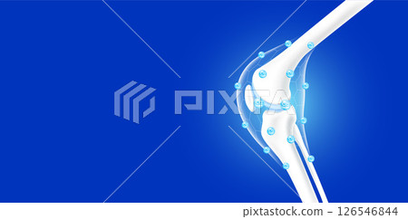 Leg bones and knee joint side healthy. Collagen and calcium line hexagon connecting surround care bone cartilage. Human skeleton anatomy with copy space for text. Realistic 3D vector. 126546844