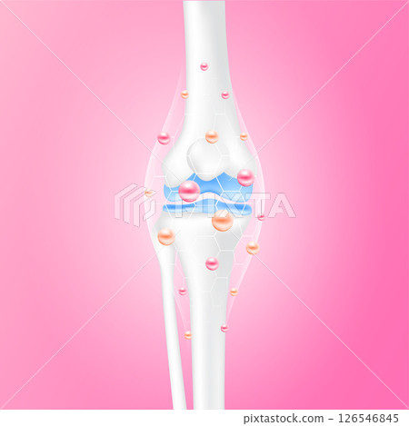 Leg bones and knee joint side healthy. Collagen serum and calcium line hexagon connecting surround care bone cartilage on pink background. Human skeleton anatomy. Realistic 3D vector. 126546845