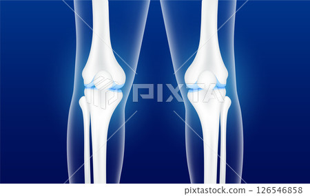 Healthy bone joint knee and cartilage. Human bone leg anatomy on a dark blue background. Medical and science template. Skeleton x ray scan concept. 3D Vector EPS10 illustration. 126546858