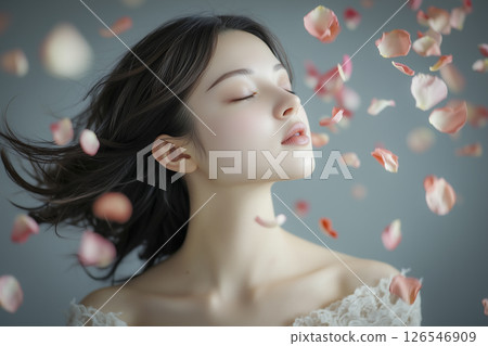 Woman with long hair and a pink flower on her face 126546909