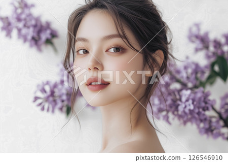 Woman with purple flowers in the background 126546910