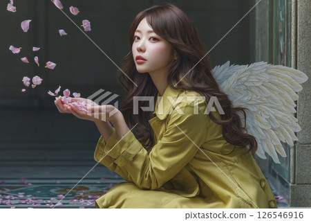 Woman in a yellow coat holding a pink flower 126546916