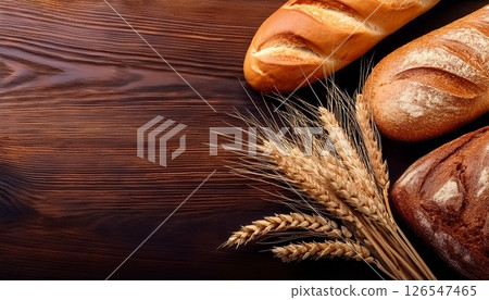 小麥和新鮮出爐的麵包在木紋上閃閃發光，複製空間 4 126547465