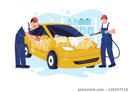 Flat Illustration of Car Wash Service with Workers Cleaning Yellow Car Flat Illustration of Car Wash Service with Workers Cleaning Yellow Car 126547510