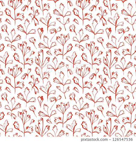 Whimsical hand drawn parsley seamless pattern in red on white background with playful organic line style 126547536