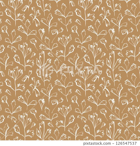 Whimsical parsley seamless pattern in white on mustard sandy background with hand drawn flowing lines Whimsical parsley seamless pattern in white on mustard sandy background with hand drawn flowing lines 126547537
