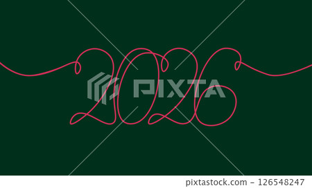 2026 year numeral handwritten in single line. Continuous line forms numbers. New Year designs event invitation. Minimalist art black line red green background top view 126548247