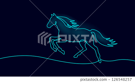 Black horse jumps gracefully. Mane tail and legs detailed with smooth continuous line. Simple line art style with plain blue background vector illustration. 126548257