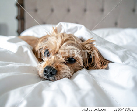Yorkshire terrier wrapped in a sheet 126548392