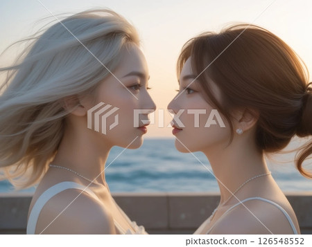 Profile portrait of Japanese women looking at each other 126548552